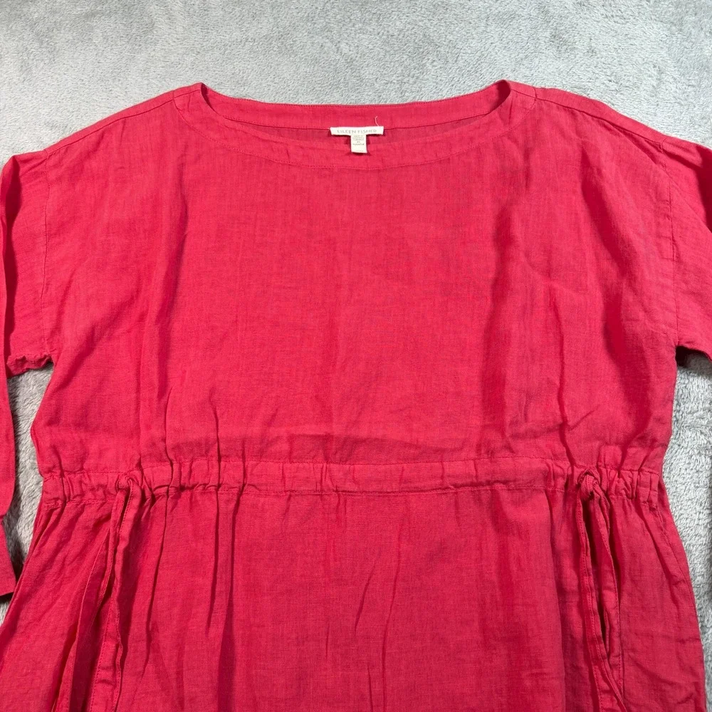 Eileen Fisher Linen Top Womens XS Pink 3/4 Sleeve Drawstring Garment Dyed